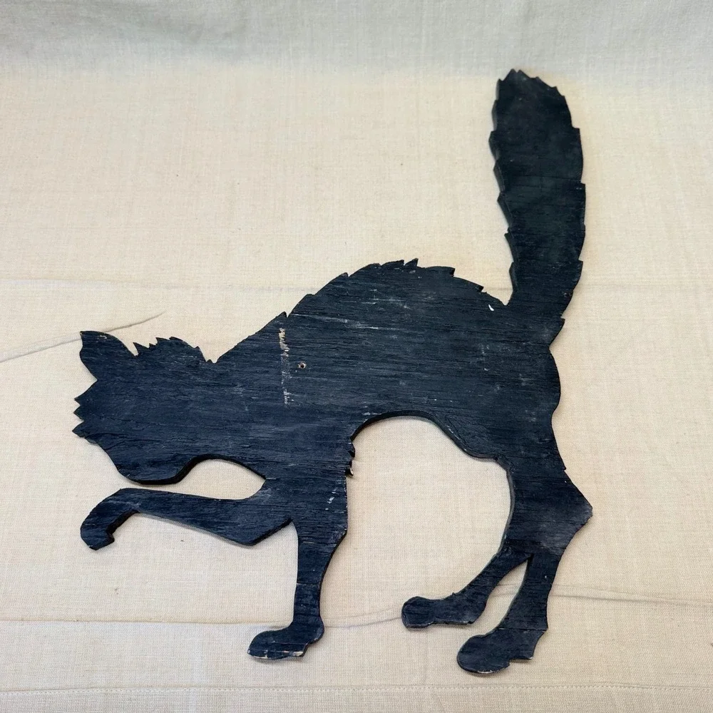 Vintage Black Halloween Cat Wall Hanging Folk Art Wood Decor 13